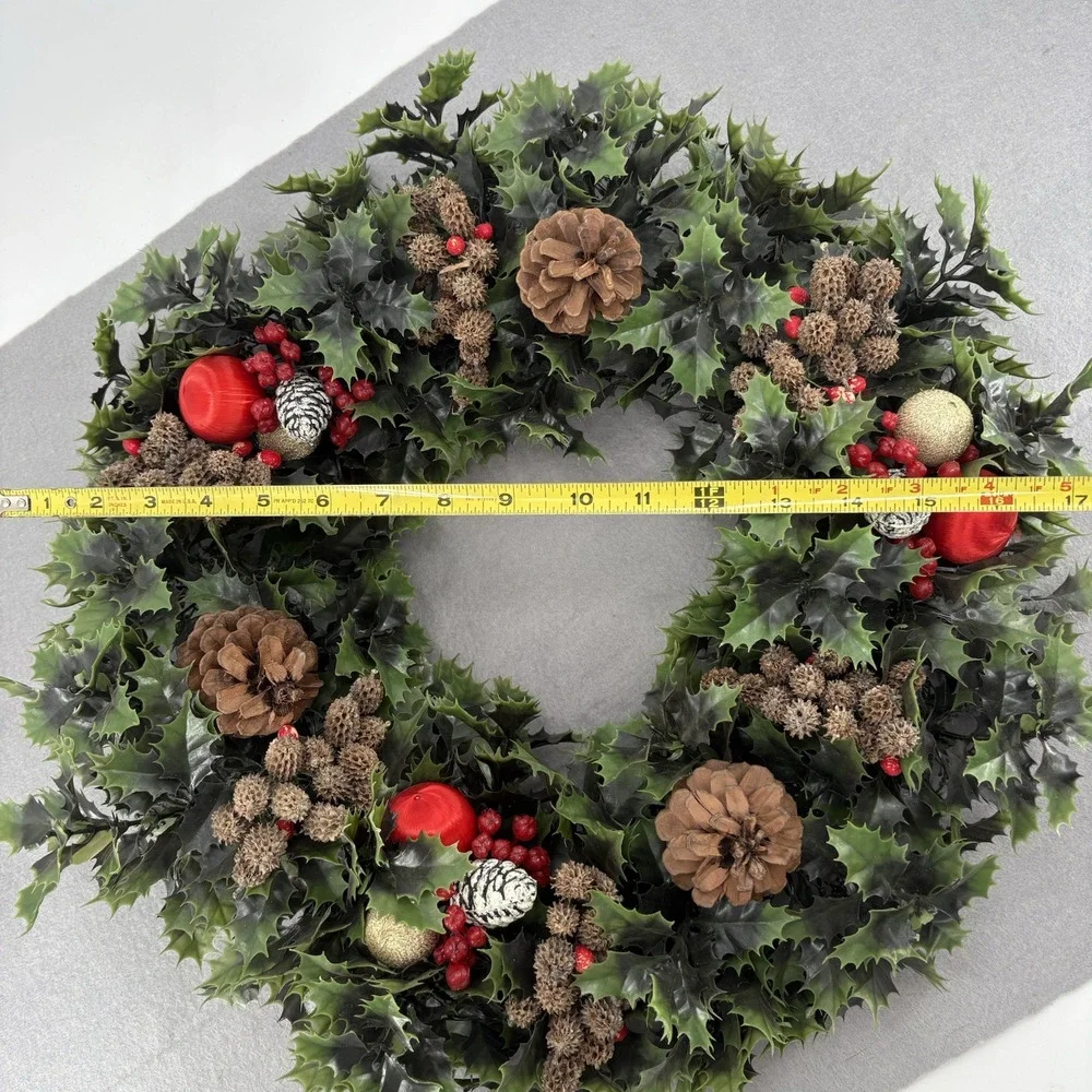 Vintage Holiday Christmas Door Wreath Plastic Evergreen Leaves Holly Berries MCM